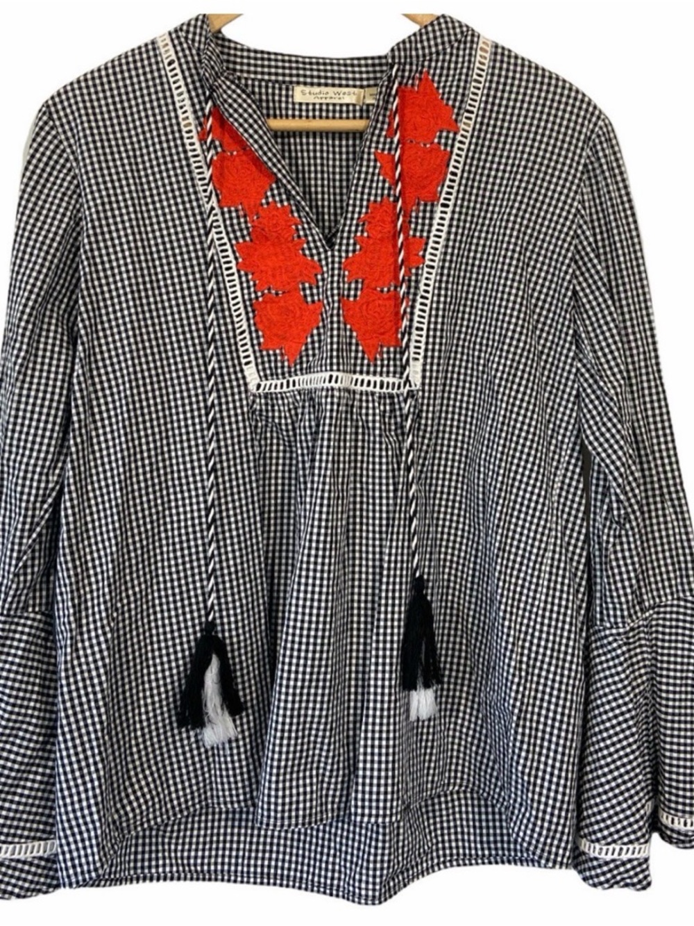 Studio West Black & White Gingham Blouse with Red Embroidery